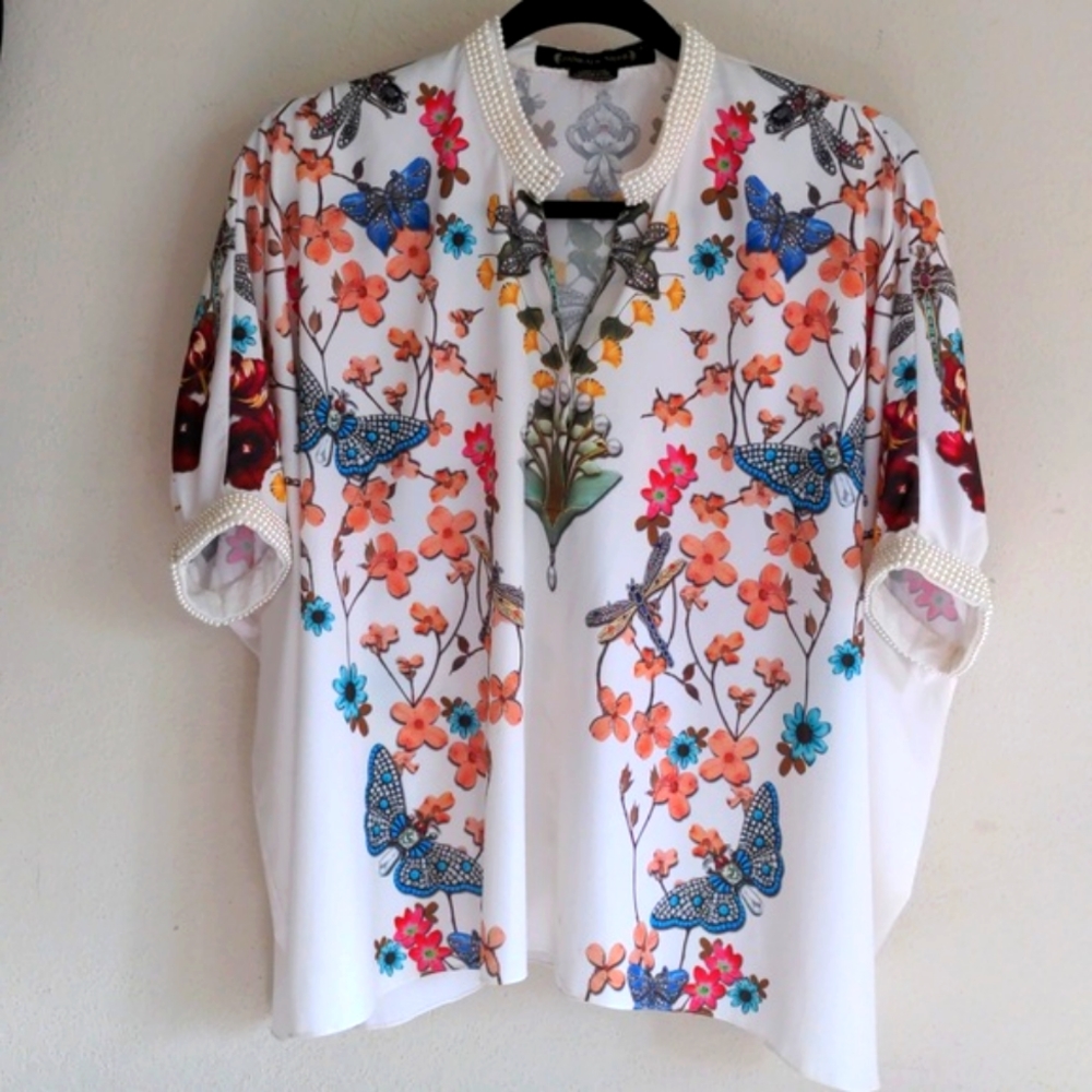Pankaj & Nidhi Floral Pearl Flowy Blouse Top